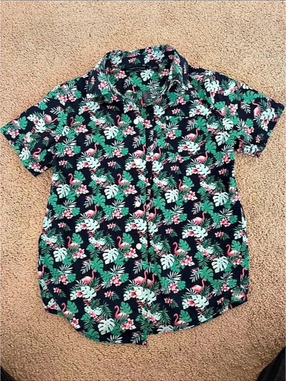 Janie and Jack Boys Tropical Floral Short Sleeve Shirt with flamingos